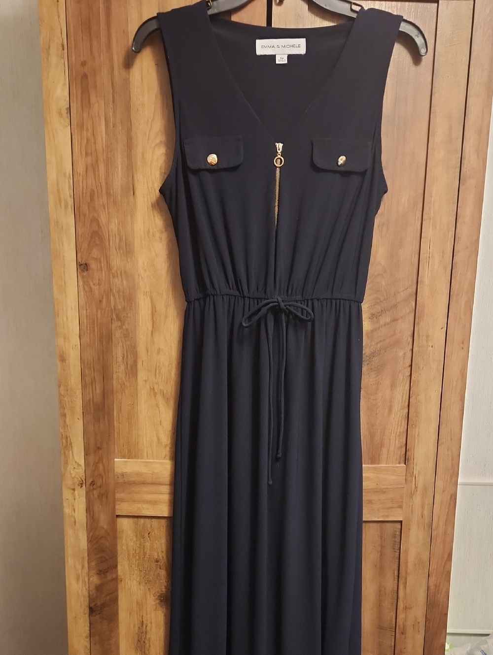 Emma & Michele Navy Maxi Dress with Gold Accent Front Zipper